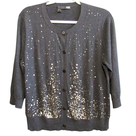 Eileen Fisher Cotton Cashmere Sequin Cardigan Sweater Size L Charcoal Gray - Picture 1 of 8